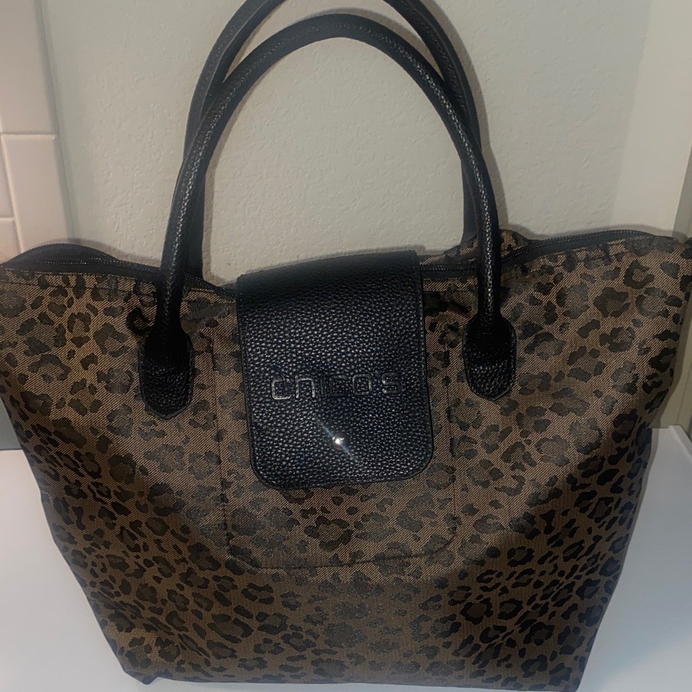 Chico's Brown Leopard Tote with Black Handles